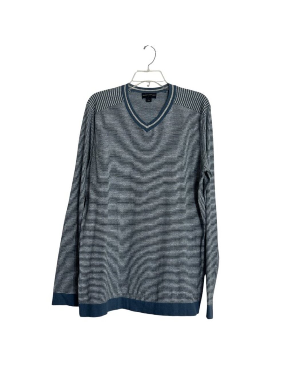 Banana Republic Blue Stripe Mens Sweater Size Medium Cotton Knit V Neck Pullover